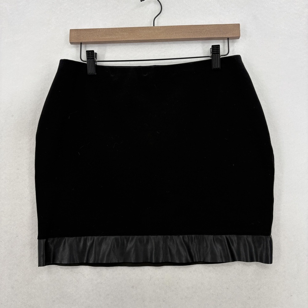Sympli Skirt Womens 10 Black Ponte Jersey Pencil Short Ruffle Faux Leather Hem